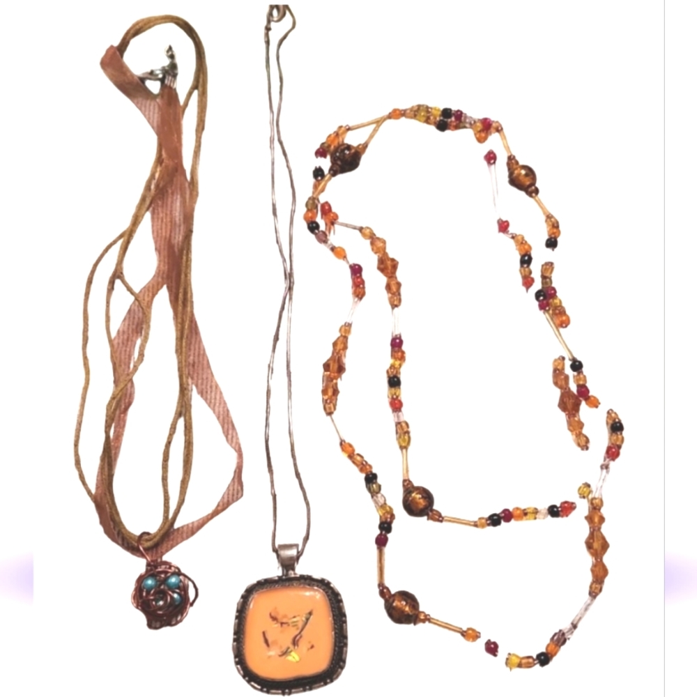 Lot of 3 orange brown bronze vintage fashion necklaces